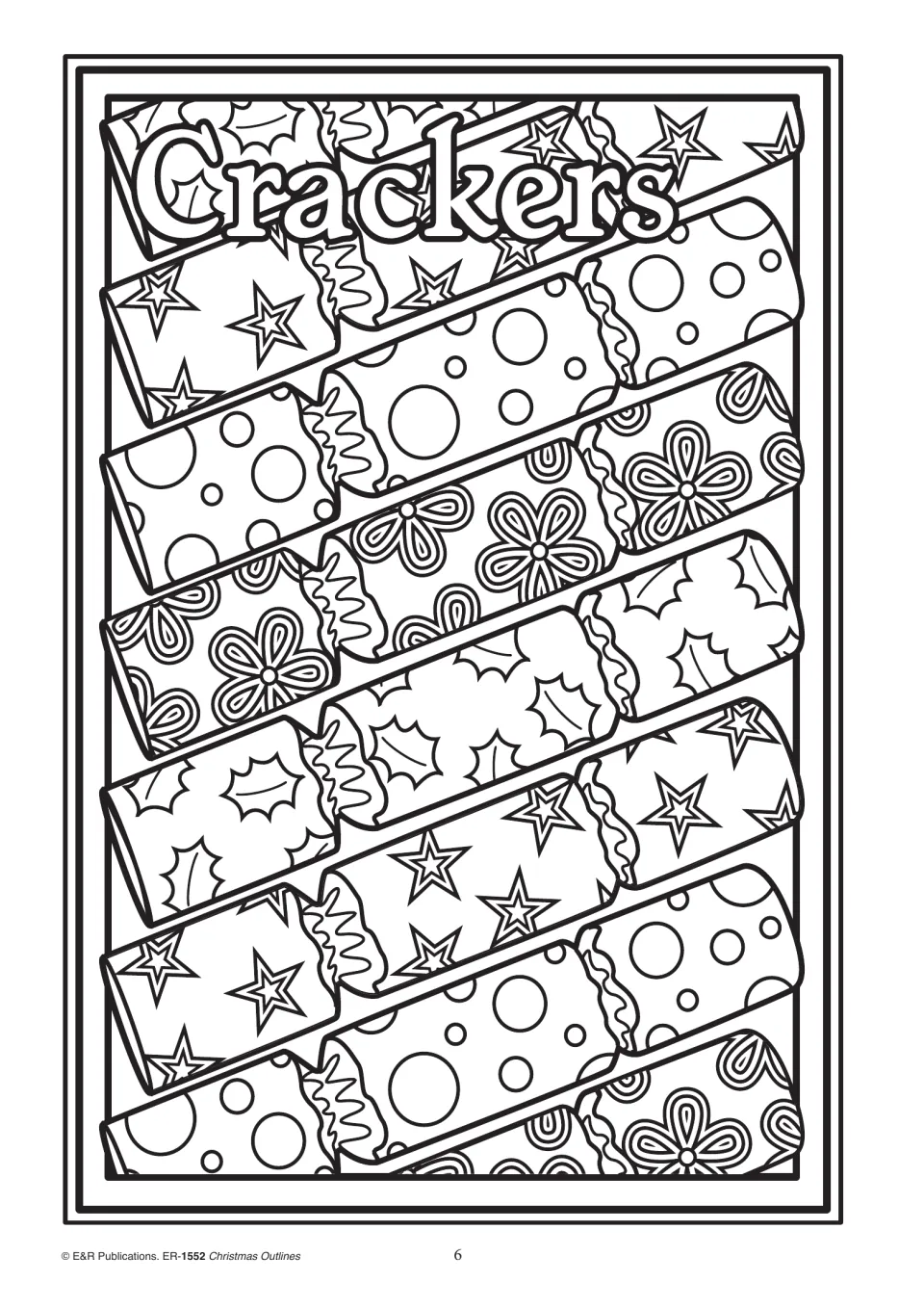 Christmas coloring outline 6, labeled 'Crackers,' showing party crackers patterned with stars, dots, and flowers