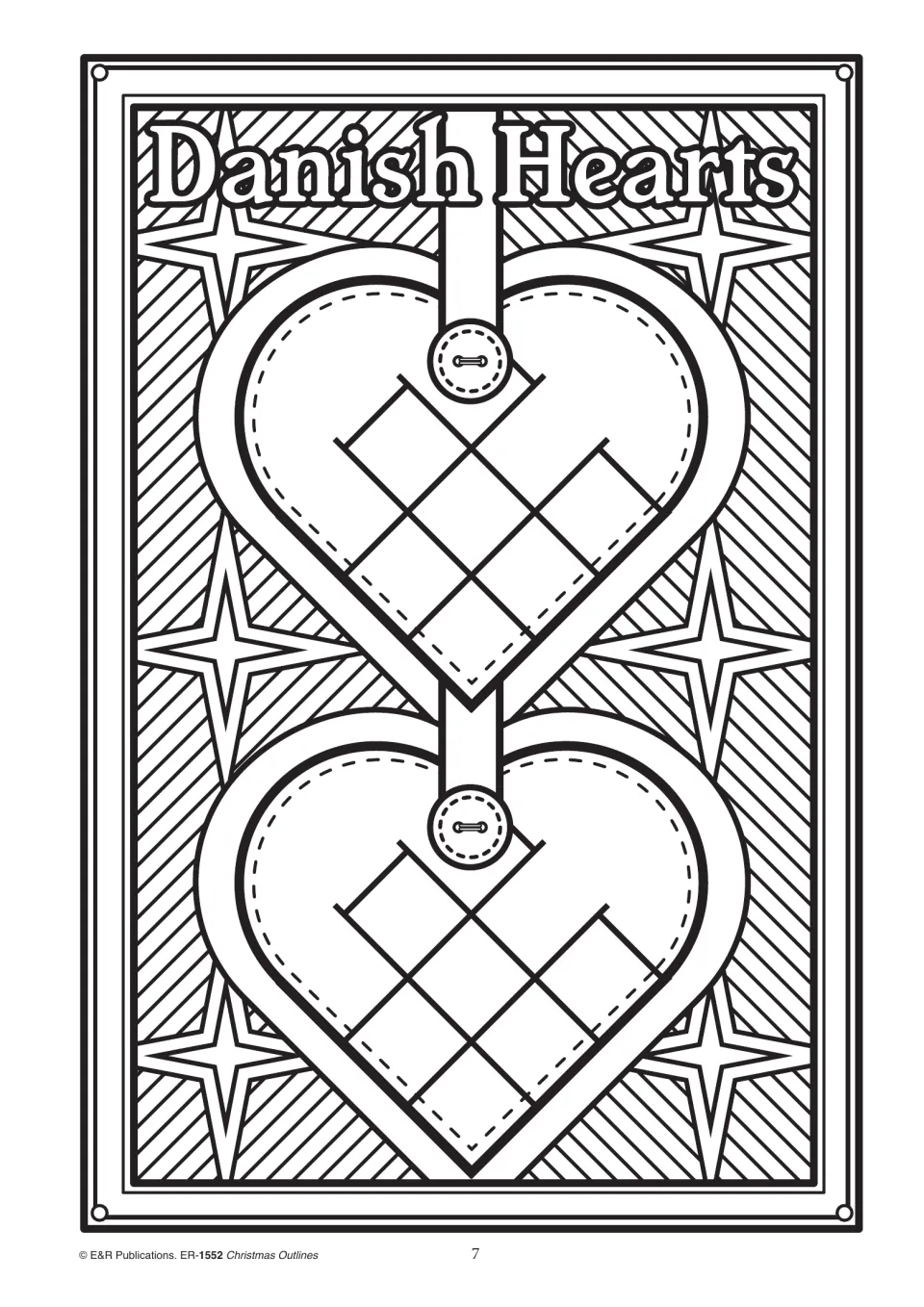 Christmas coloring outline 7, labeled 'Danish Hearts,' showing two hanging hearts with woven-style designs