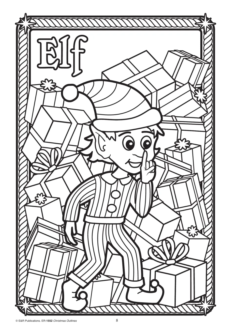 Christmas coloring outline 8, labeled 'Elf,' showing an elf in a striped outfit among wrapped gift boxes
