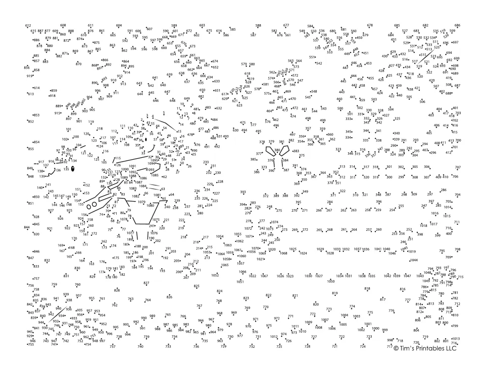 Christmas connect-the-dots activity with 1,095 numbered dots to reveal an elf, a dog, and a gift-filled sleigh