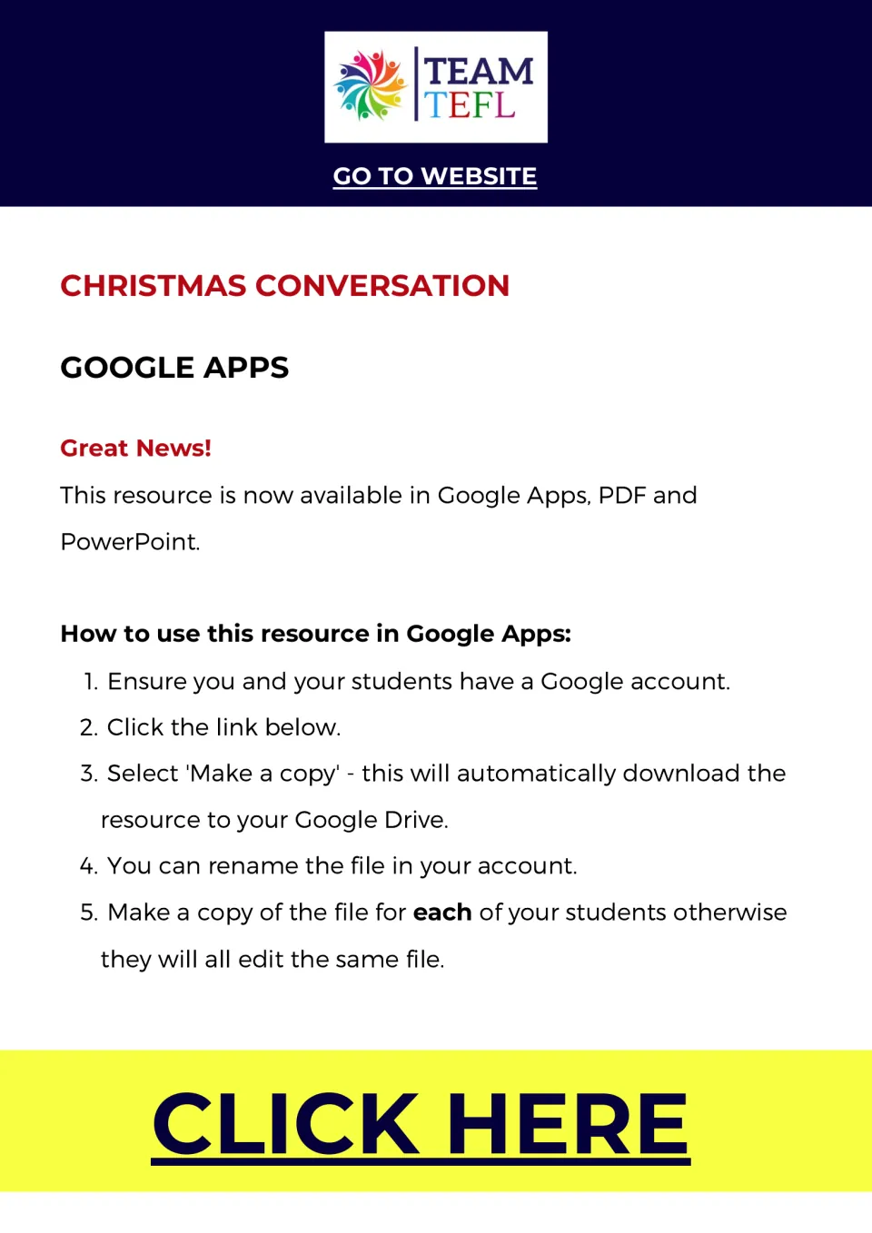 Google Apps access instructions for the Christmas conversation activity, including making a copy for each student.
