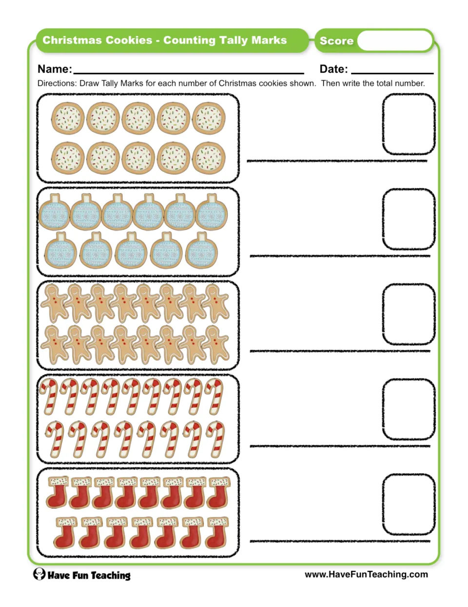 Counting with tally marks: students draw tallies for 5 sets of Christmas cookies, then write the total number for each set