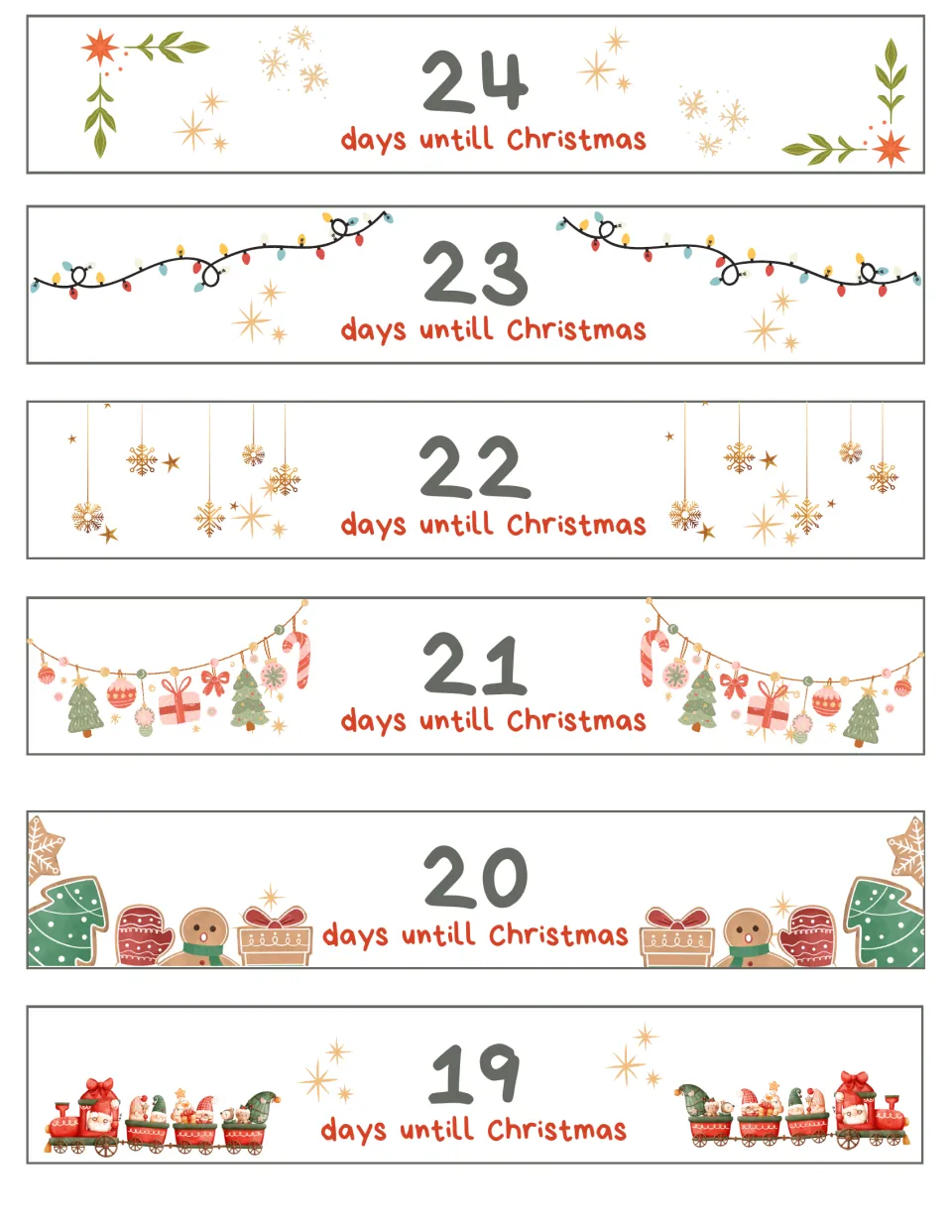 Plain Christmas countdown garland strips for days 24–19, each showing the number of days until Christmas