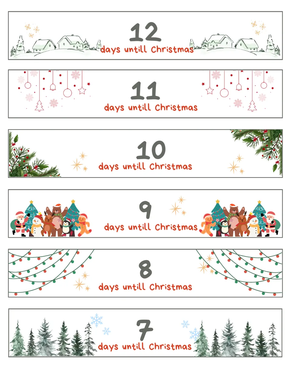 Plain Christmas countdown garland strips for days 12–7, each showing the number of days until Christmas