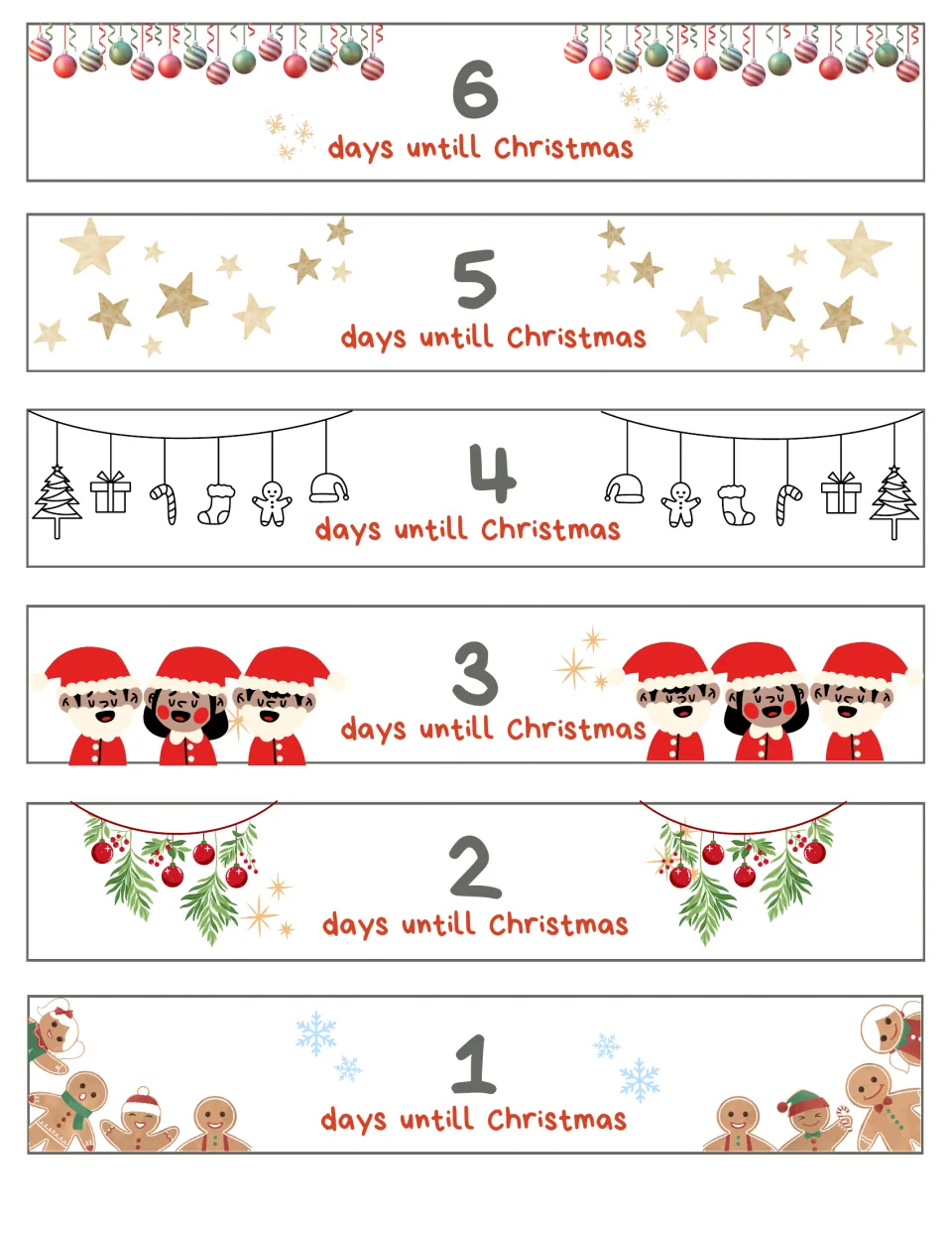 Plain Christmas countdown garland strips for days 6–1, each showing the number of days until Christmas