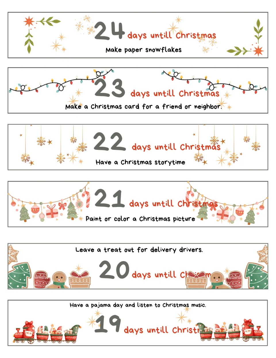 Christmas garland activity strips 24–19: make paper snowflakes, make a card, have storytime, and three more