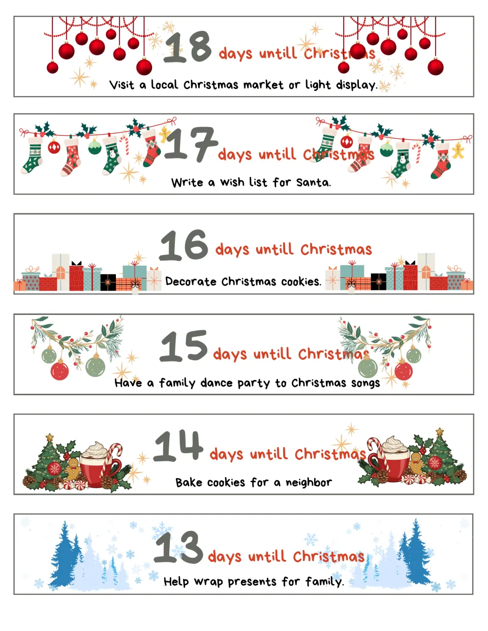 Christmas garland activity strips 18–13: visit a market or light display, write a Santa wish list, and four more