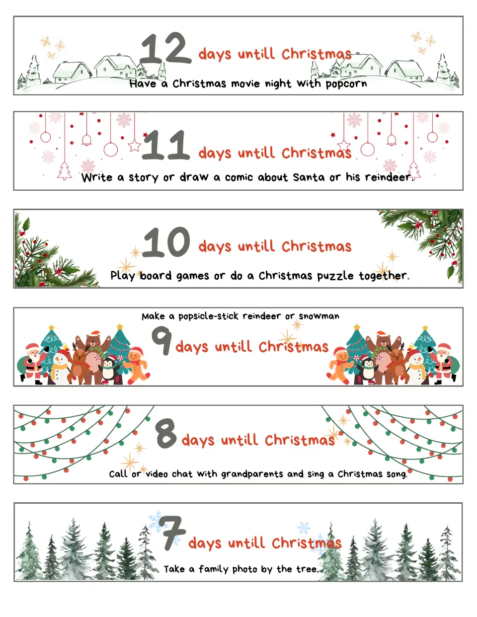 Christmas garland activity strips 12–7: movie night, write a story or comic, play board games, and three more