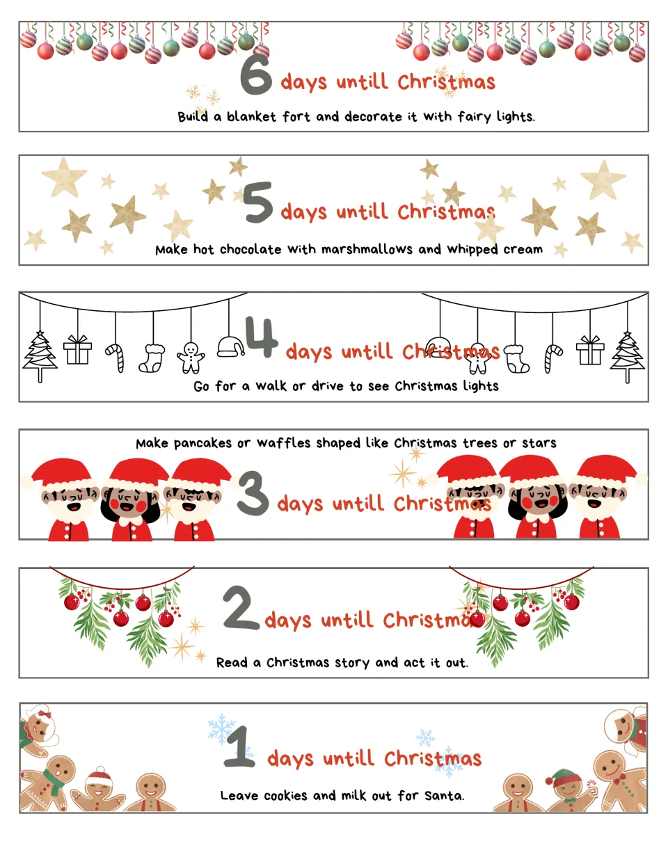 Christmas garland activity strips 6–1: build a blanket fort, make hot chocolate, see lights, and three more