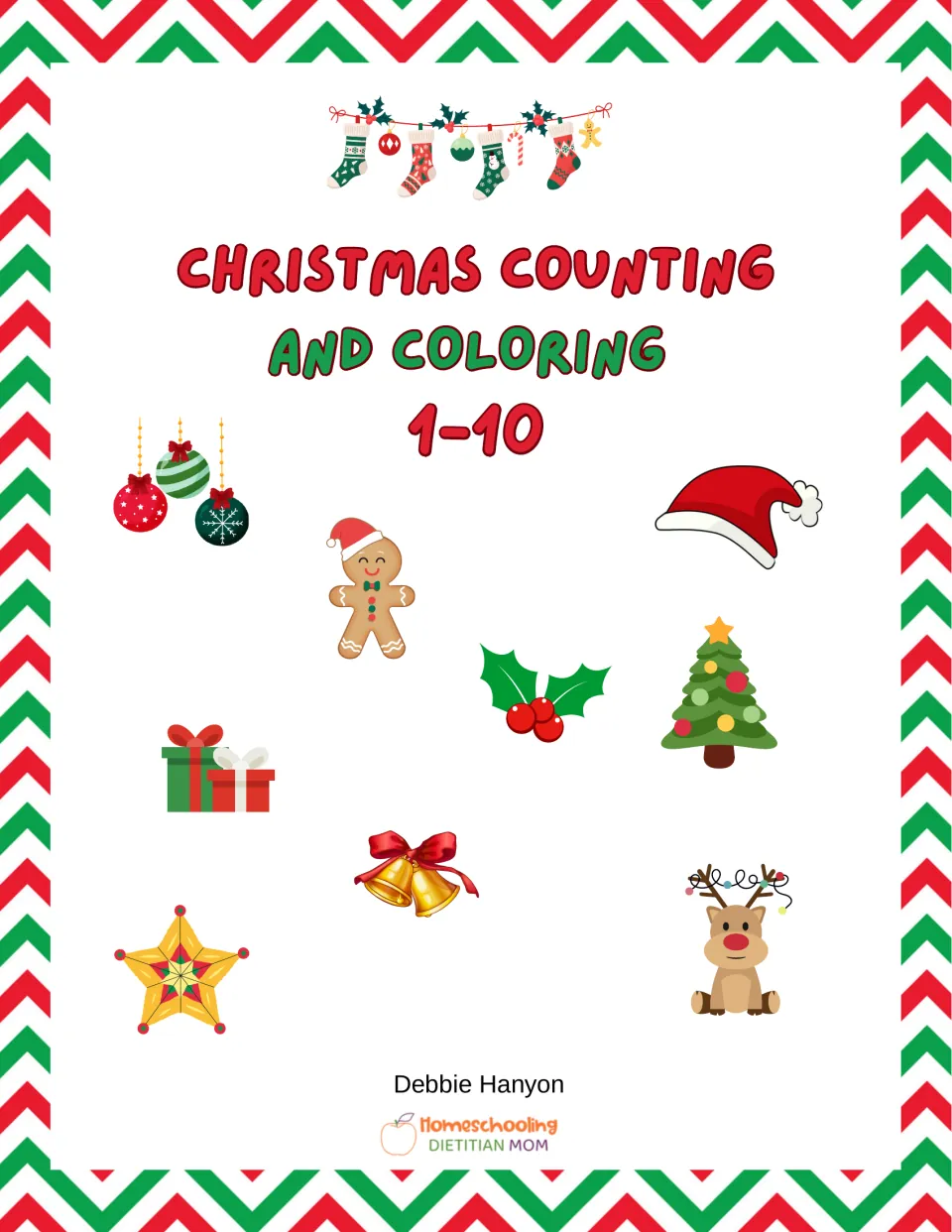 Cover for Christmas Counting and Coloring 1-10 with ornaments, gingerbread man, Santa hat, tree, gifts, bells and reindeer