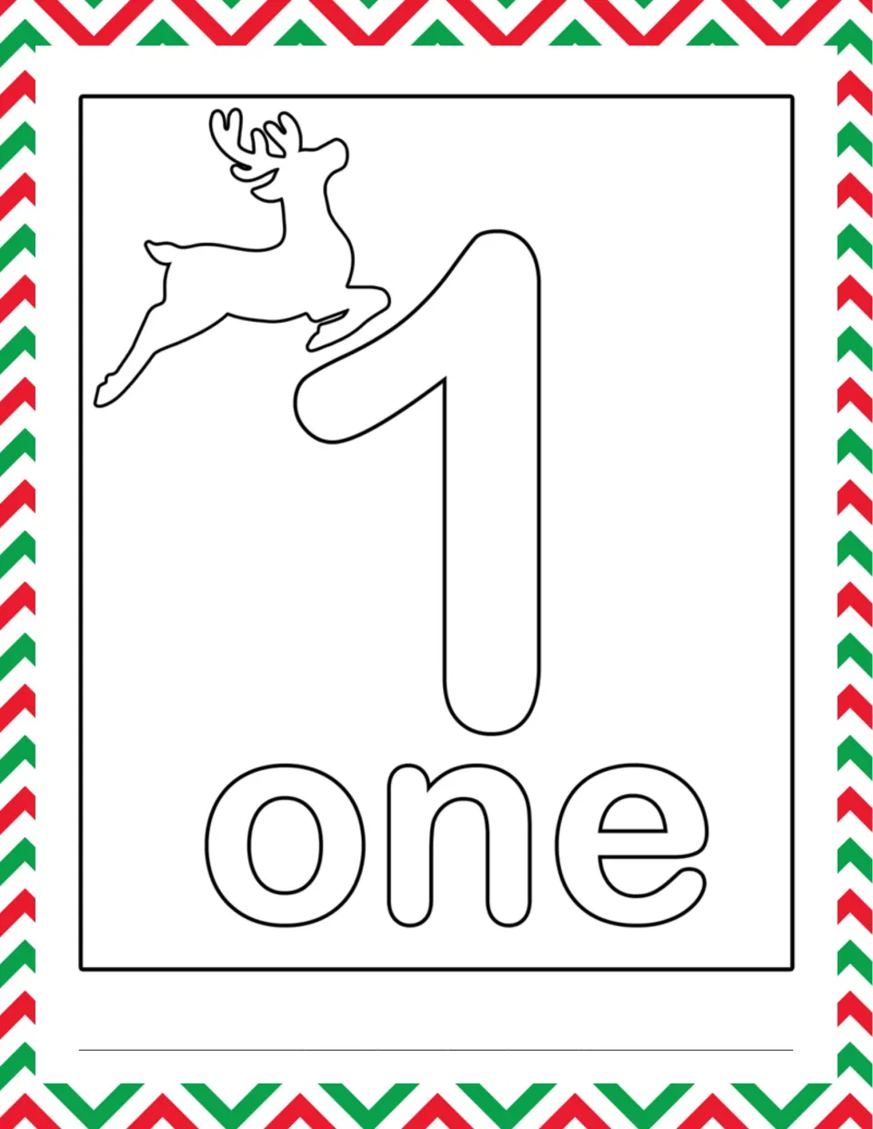 Number 1 and the word one in bubble letters with one leaping reindeer; students color, count it and write 1 on the line