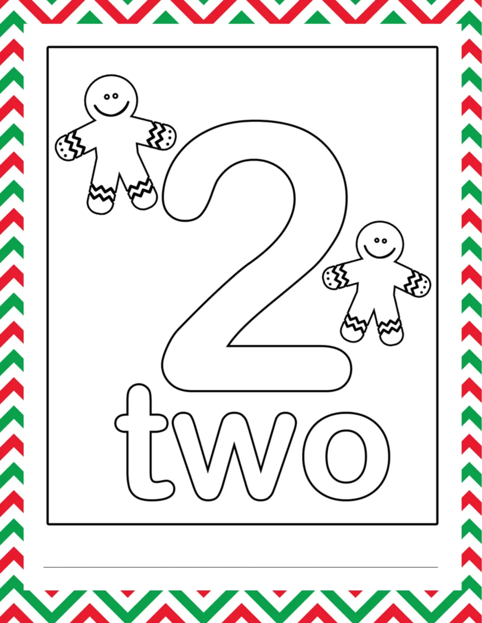Number 2 and the word two in bubble letters with two gingerbread men to color, count and record on the answer line