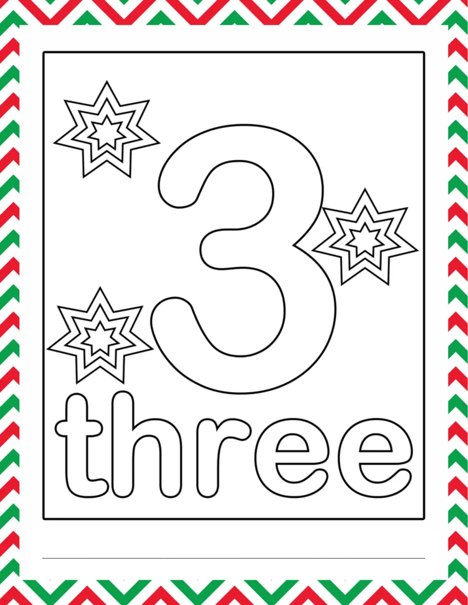 Number 3 and the word three in bubble letters with three layered stars; students color and count them, then write 3