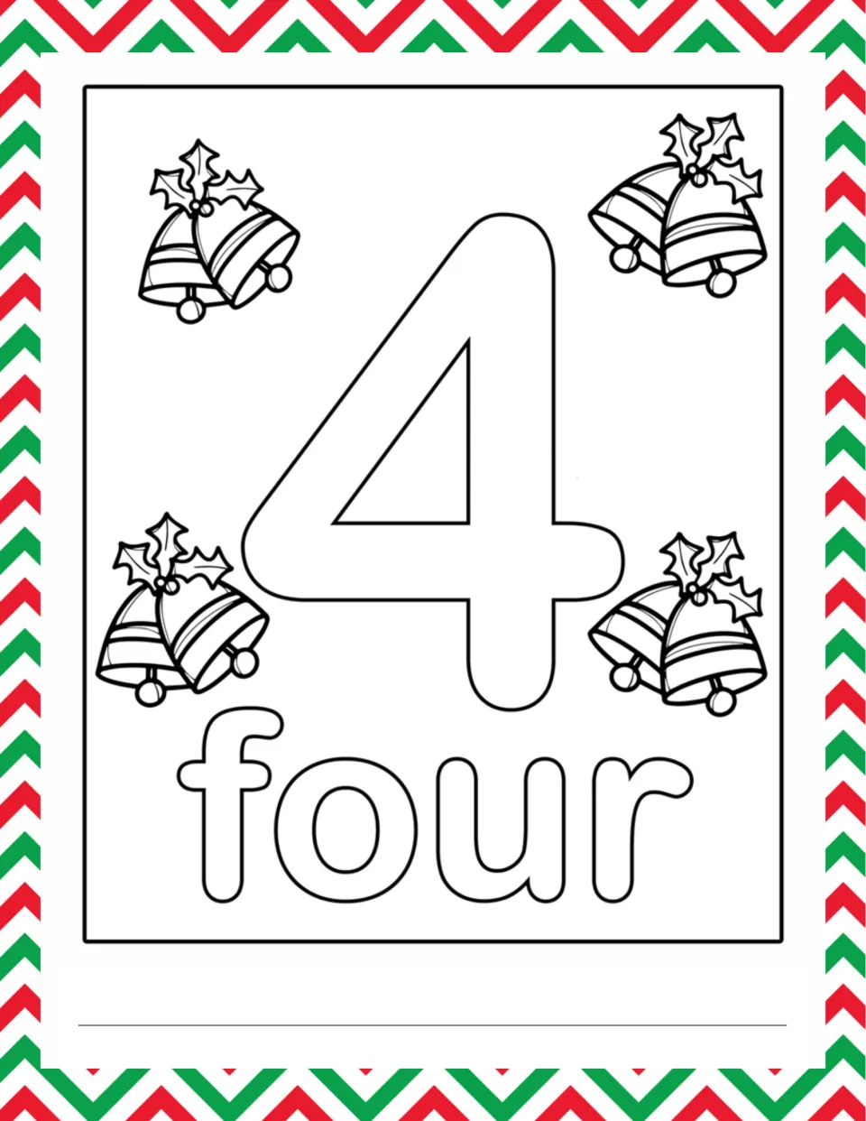 Number 4 and the word four in bubble letters with four pairs of holly-topped bells to color, count and write below