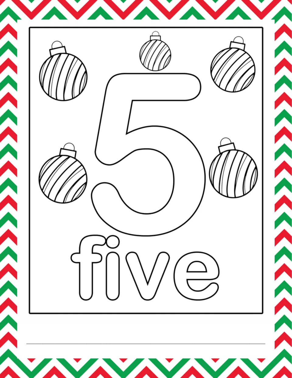 Number 5 and the word five in bubble letters with five striped ornaments; students color, count them and write 5