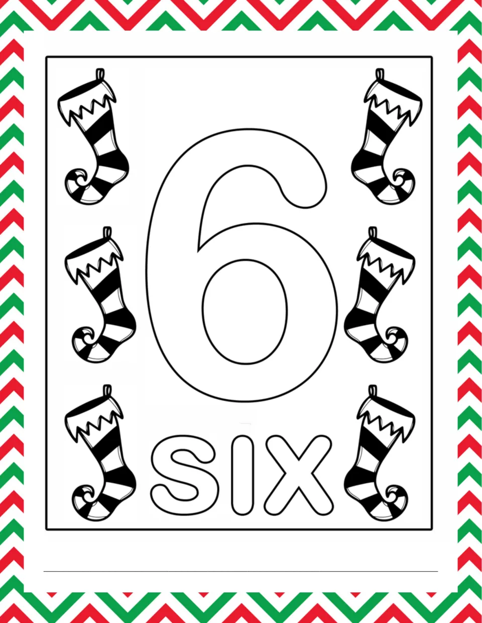 Number 6 and the word six in bubble letters with six striped stockings to color, count and write on the line below
