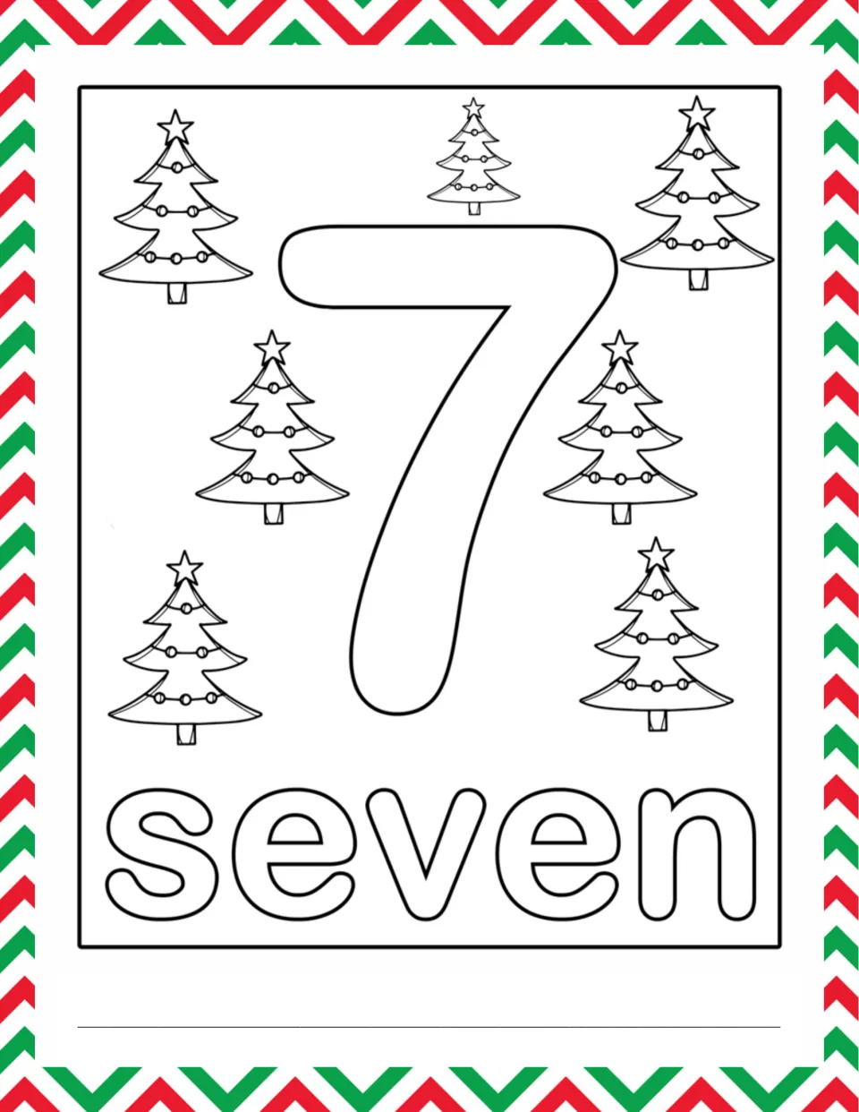 Number 7 and the word seven in bubble letters with seven decorated Christmas trees to color, count and record below