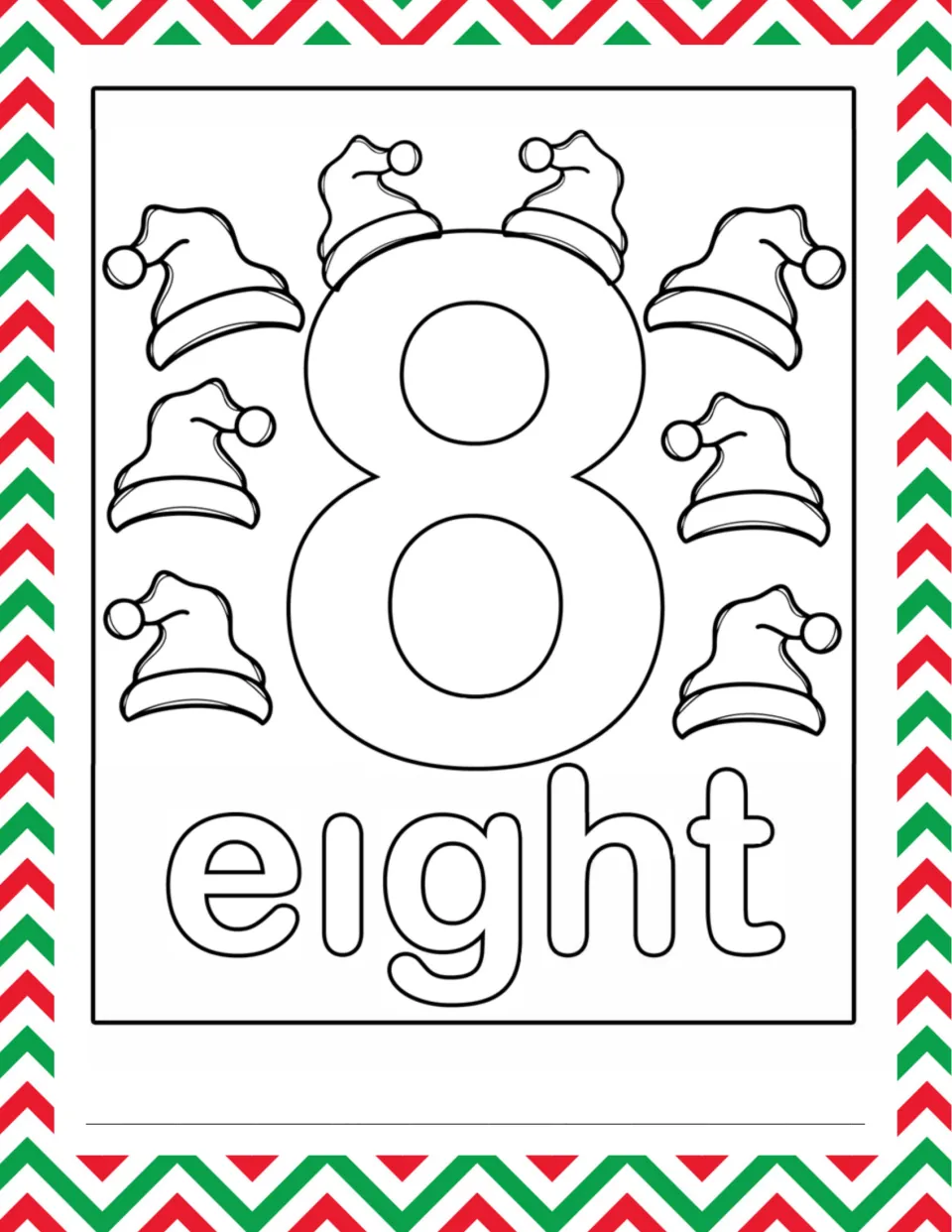 Number 8 and the word eight in bubble letters with eight Santa hats; students color and count the hats, then write 8