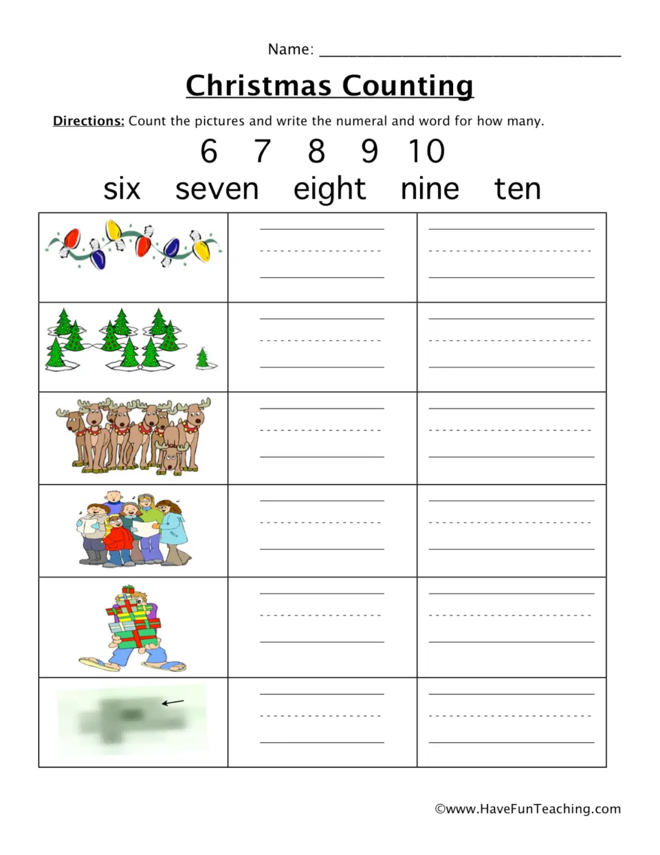 Christmas counting: students count lights, trees, reindeer, carolers and gifts, then write each numeral and number word