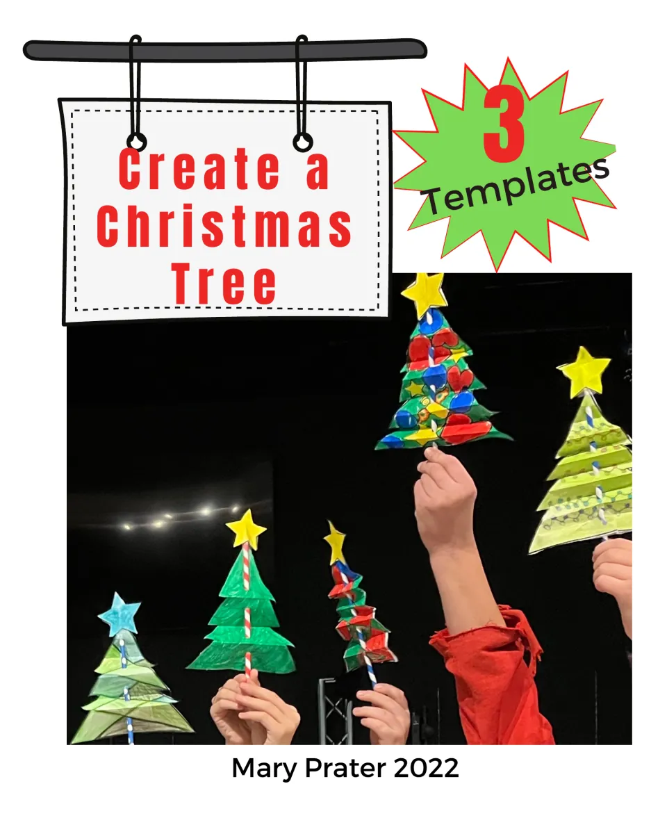 Create a Christmas Tree cover noting 3 templates, with a photo of children holding up 3D paper trees on straws