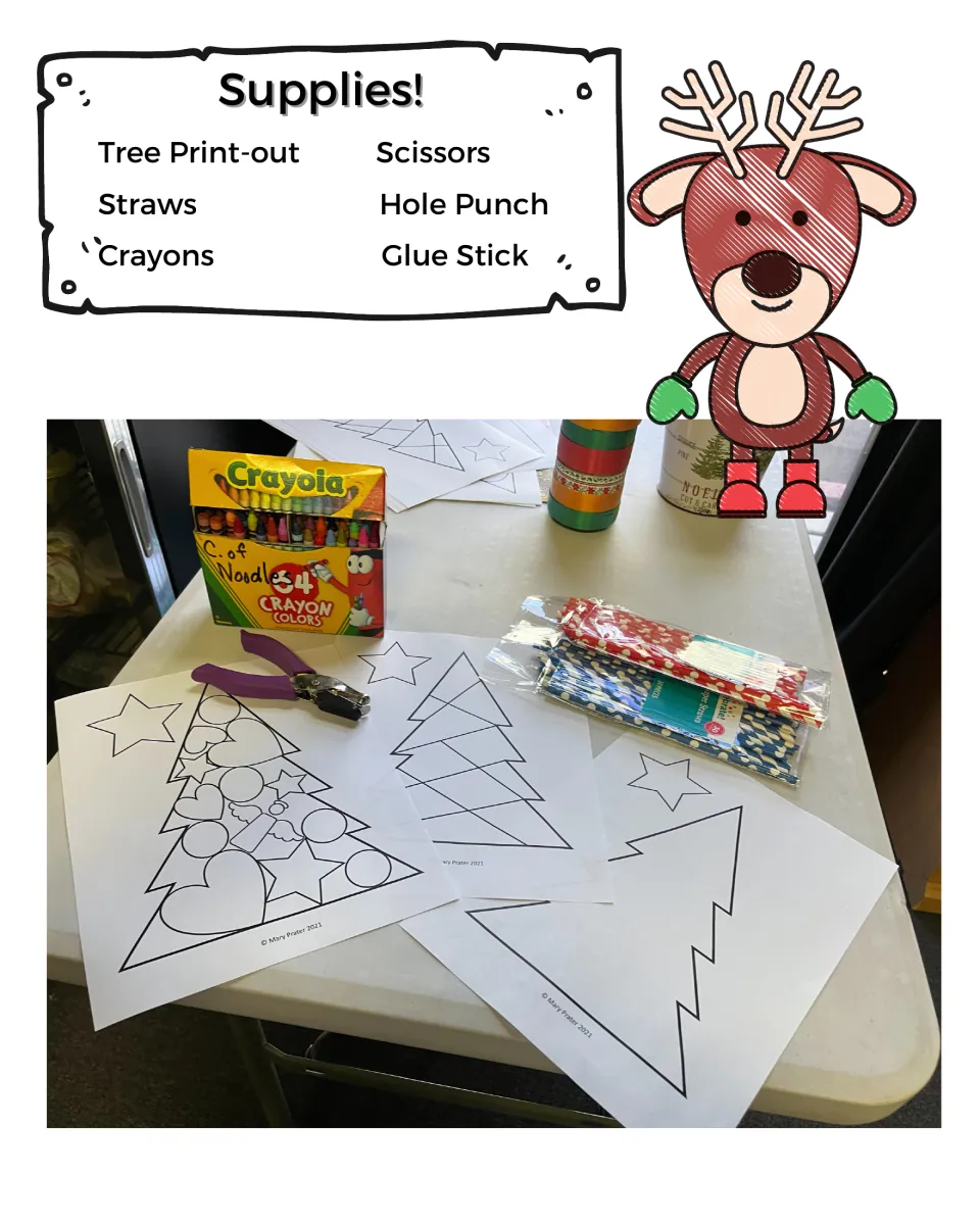 Supplies list: tree print-out, straws, crayons, scissors, hole punch and glue stick, with a photo of the materials
