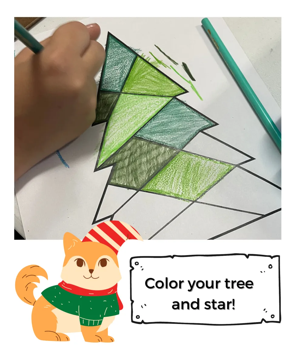 Color your tree and star: photo of a child shading tree sections in different greens with colored pencil