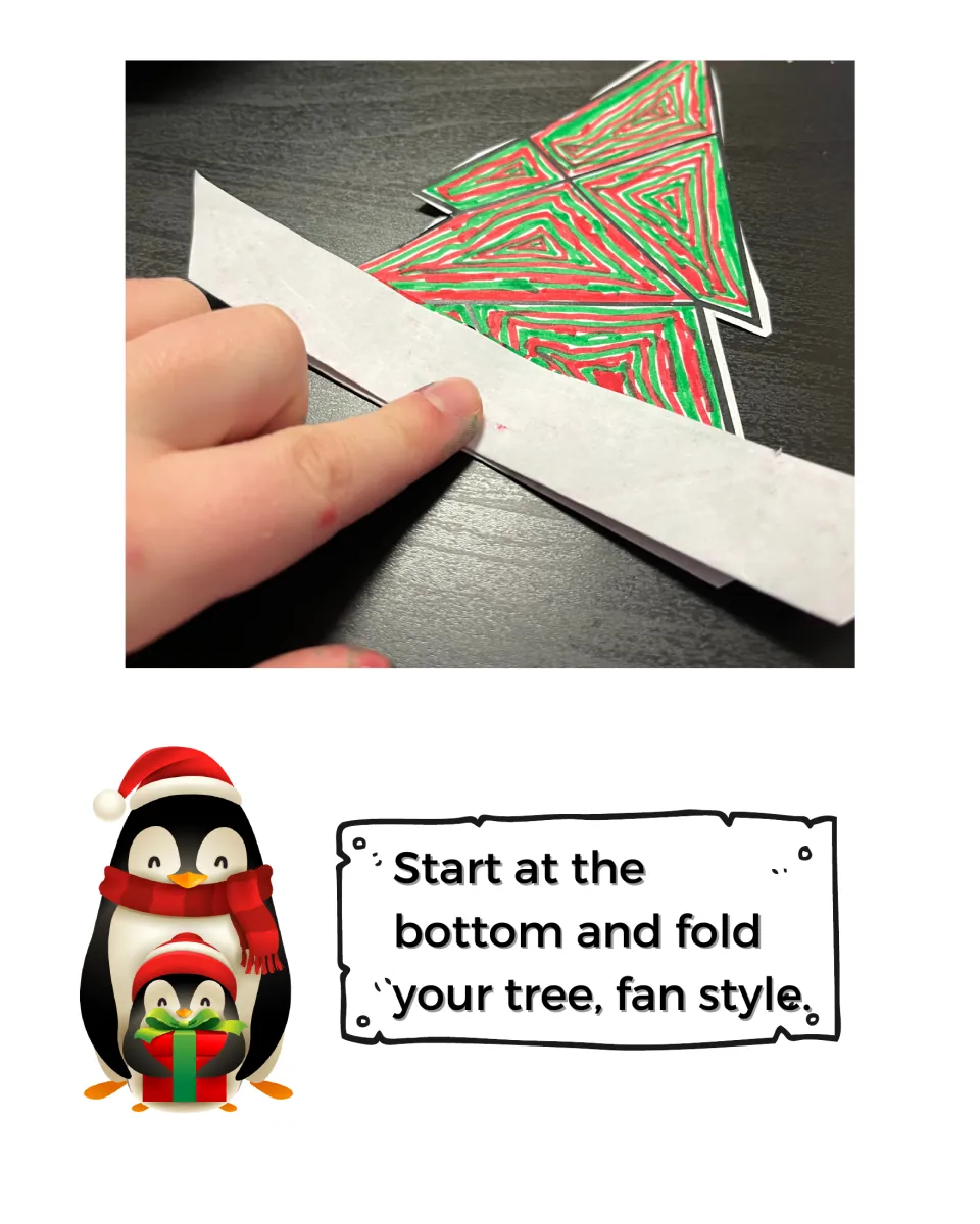 Fold fan style from the bottom: photo of a hand pleating a red and green colored tree into accordion folds