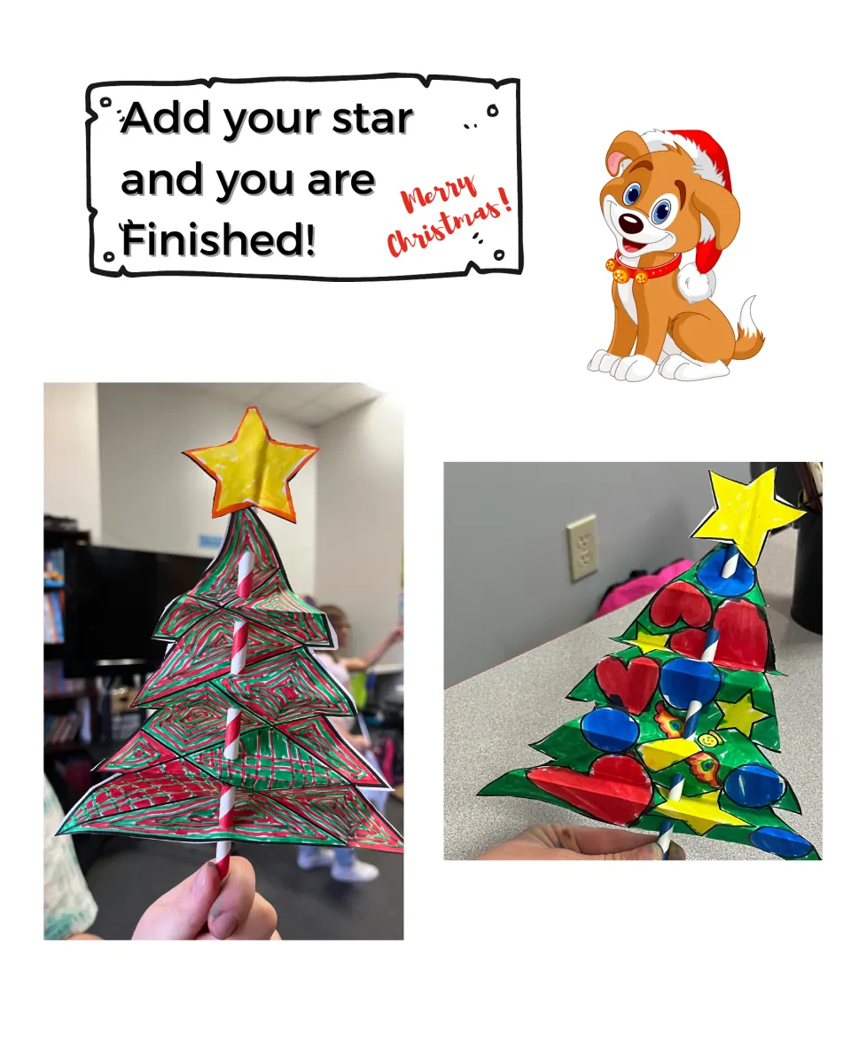 Add your star and you are finished: photos of two completed 3D paper trees on straws topped with yellow stars