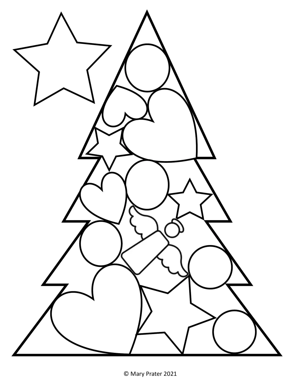 Ornament tree template: a tree outline filled with hearts, stars, circles and an angel, plus a star to color and cut out