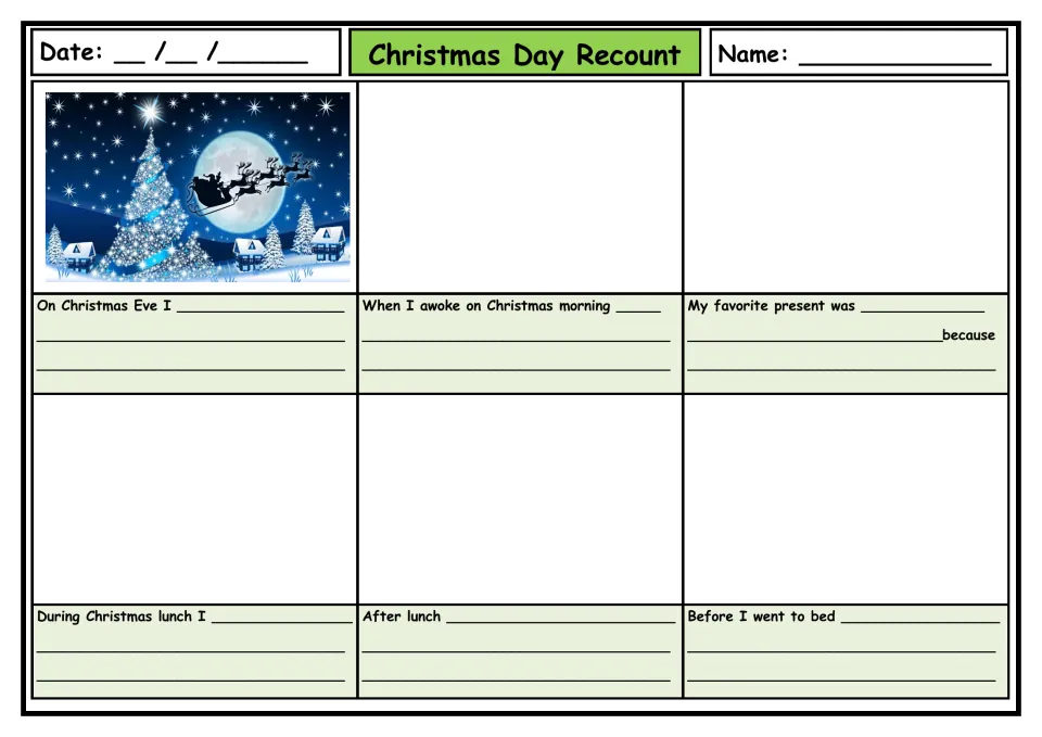 Christmas Day Recount: students draw and write six sequenced events from Christmas Eve to bedtime, using sentence starters