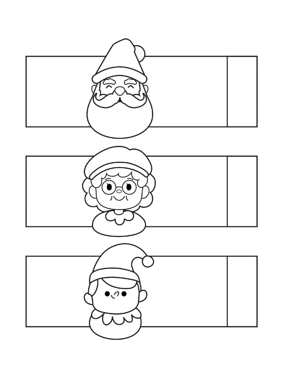 Christmas paper decoration templates: Santa, Mrs. Claus, and elf strips for coloring and cutting out