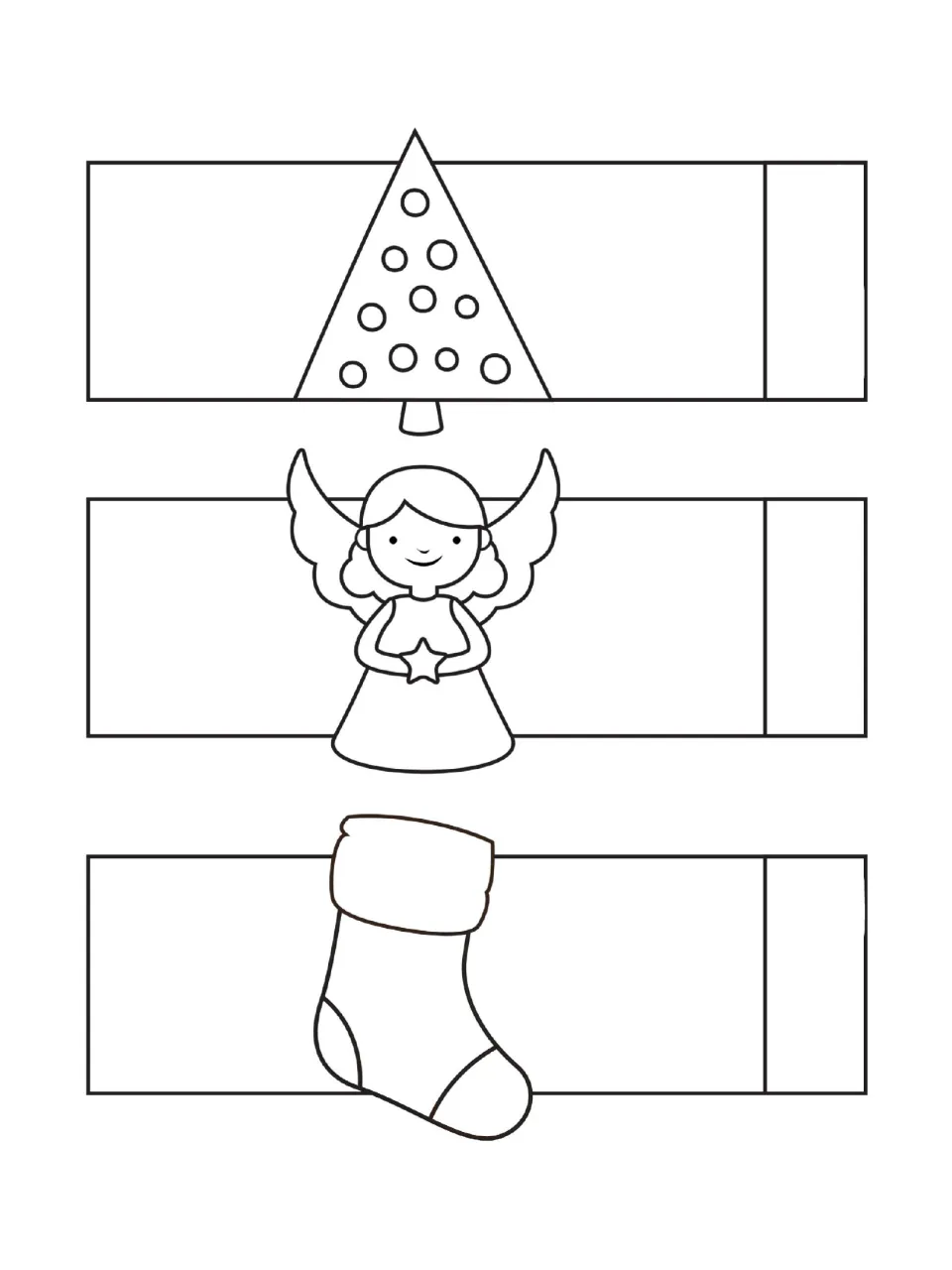Christmas paper decoration templates: tree, angel, and stocking strips for coloring and cutting out