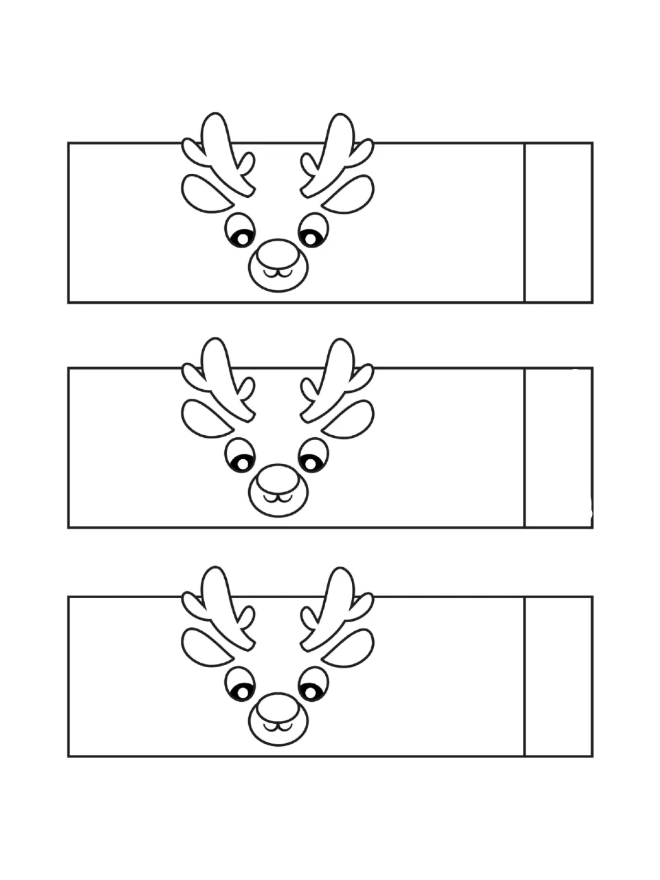 Three matching reindeer paper strips with antlers and smiling faces to color and cut for Christmas decorations