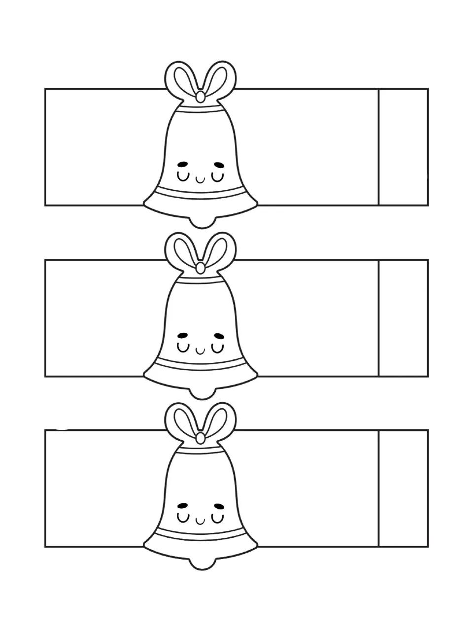 Three matching bell paper strips with bows and smiling faces to color and cut for Christmas decorations