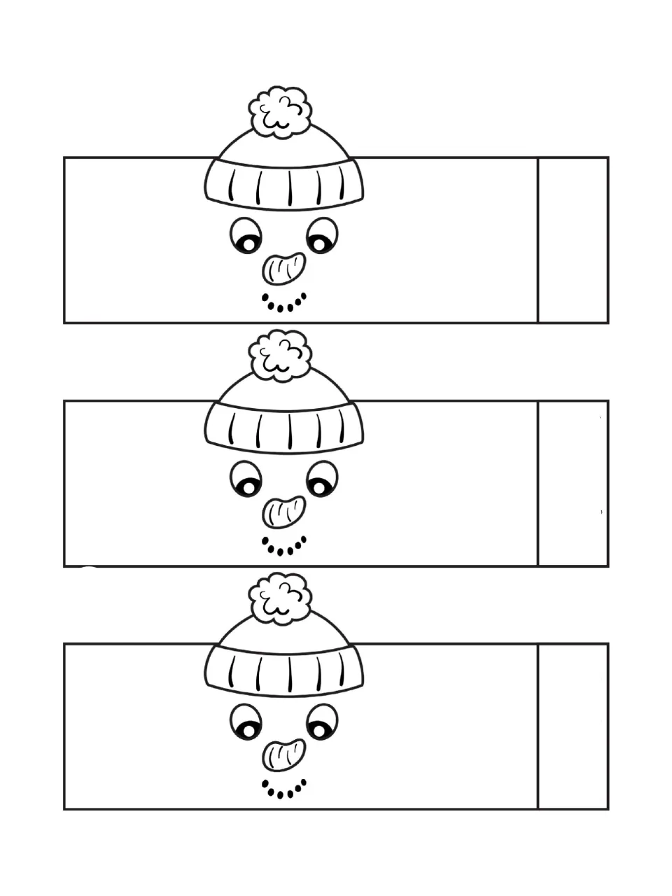 Three matching snowman paper strips with winter hats and carrot noses to color and cut for Christmas decorations