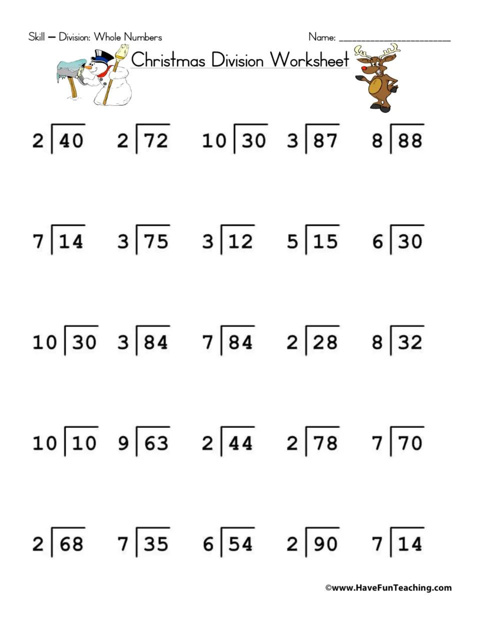Christmas division practice page: 25 whole-number problems, including 40 ÷ 2, 72 ÷ 2, and 30 ÷ 10.
