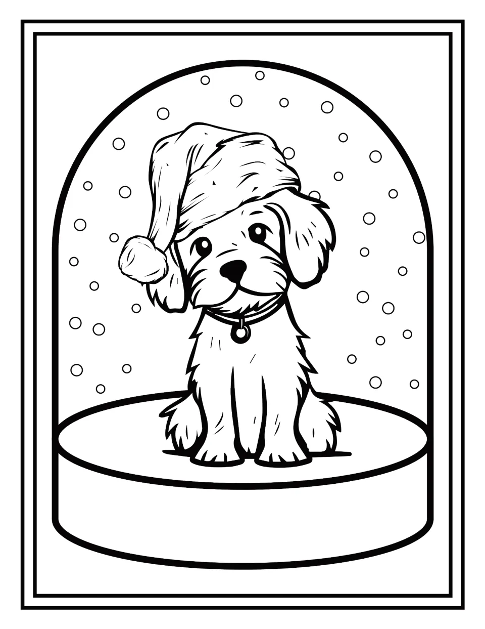 Christmas coloring: students color a shaggy puppy with a collar tag and a Santa hat, sitting in a snow globe
