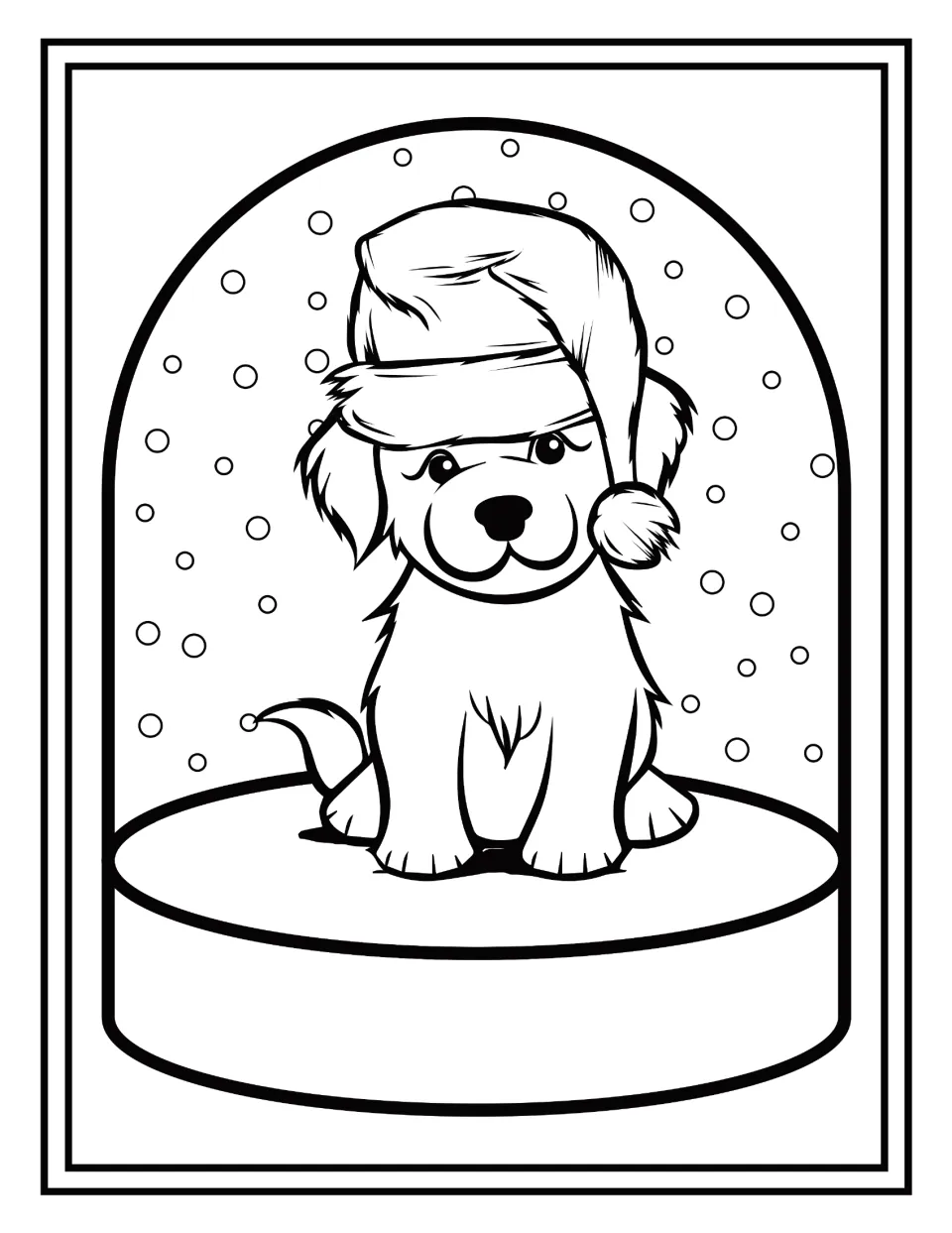Christmas coloring: students color a fluffy puppy with a curled tail and a Santa hat inside a snowy globe