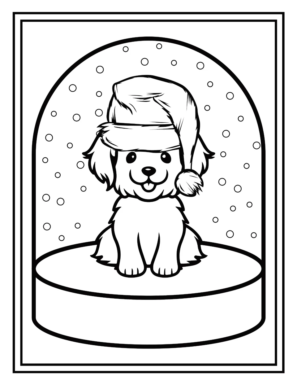 Christmas coloring: students color a small long-eared puppy smiling with its tongue out under a Santa hat