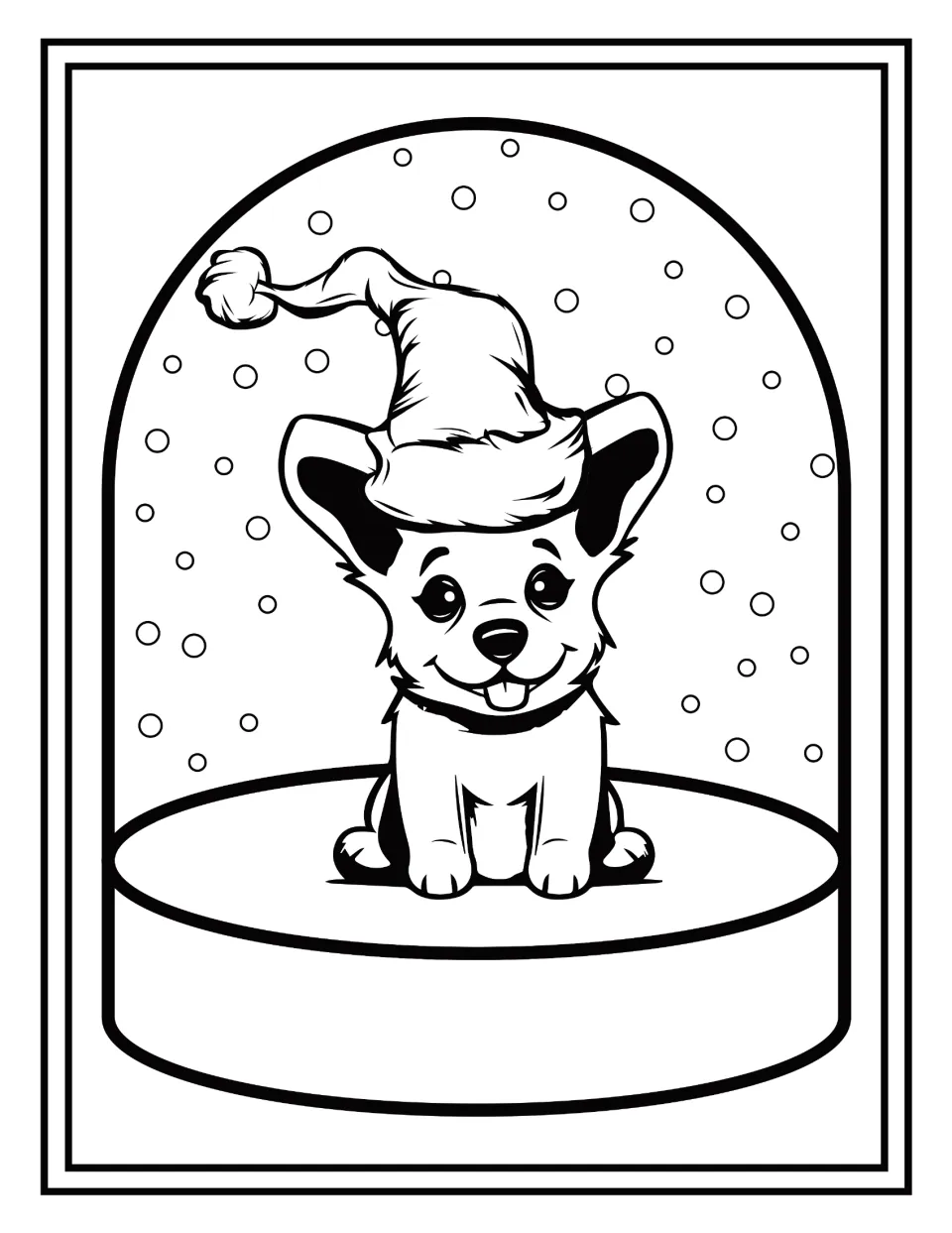 Christmas coloring: students color a pointy-eared puppy grinning under a tall Santa hat with its pom-pom up high
