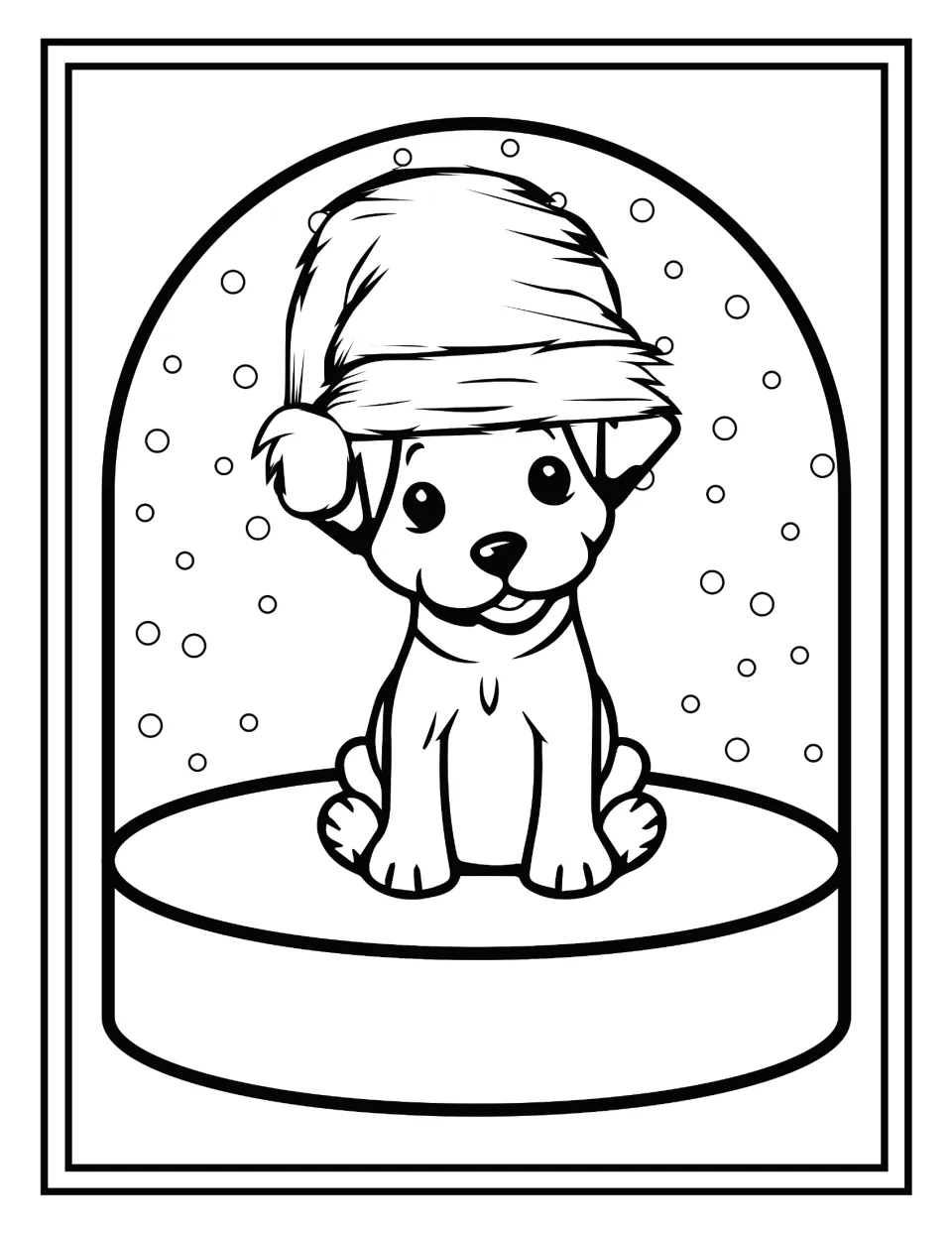 Christmas coloring: students color a short-haired puppy wearing a big Santa hat pulled low over one ear