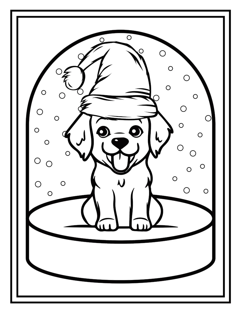 Christmas coloring: students color a floppy-eared puppy with a wide open-mouth smile and a Santa hat in the snow