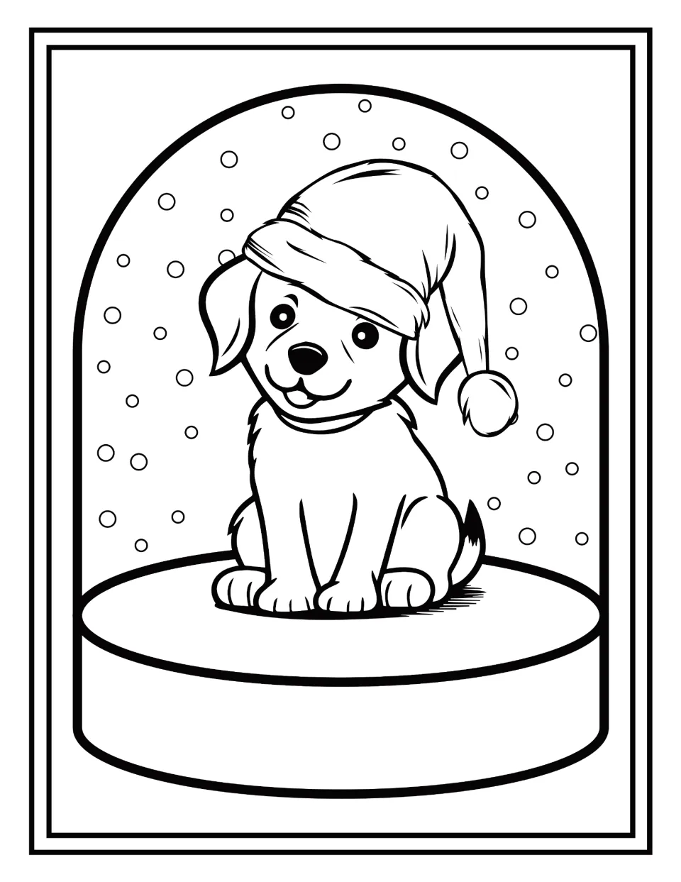 Christmas coloring: students color a puppy with a tilted head and a Santa hat drooping down to the right