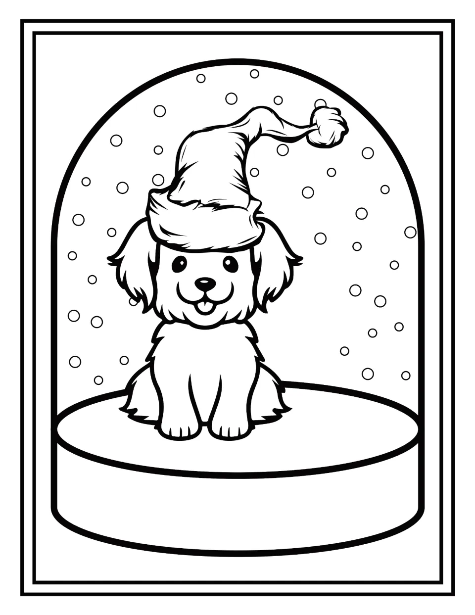 Christmas coloring: students color a fluffy puppy whose tall Santa hat curves up to the right in falling snow