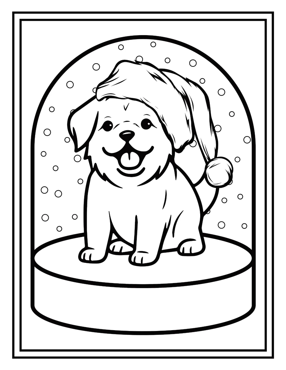 Christmas coloring: students color a chubby puppy with a big open grin and a Santa hat hanging down its back