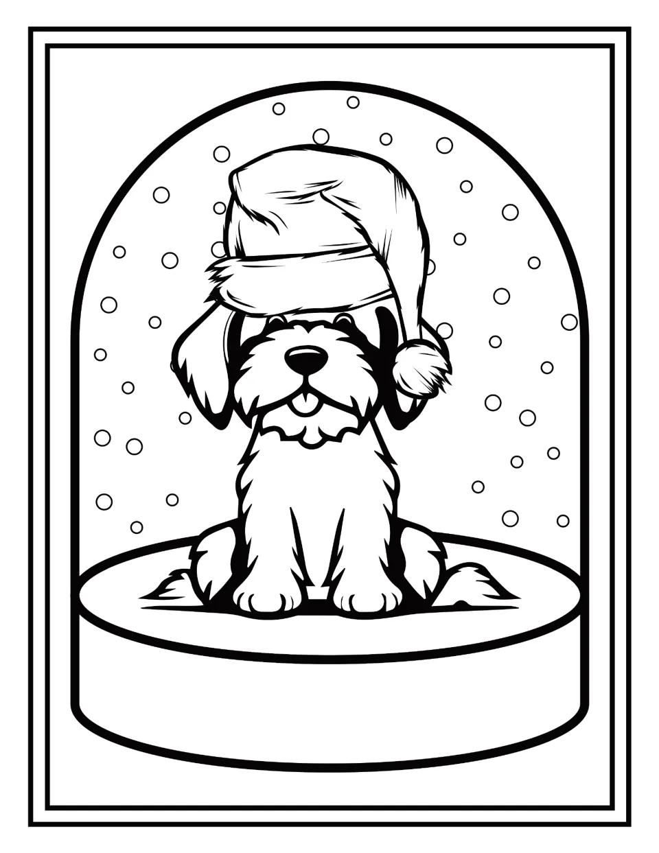 Christmas coloring: students color a scruffy puppy with a Santa hat pulled down over its eyes in a snow globe