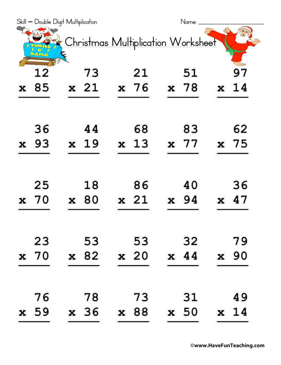 Christmas multiplication practice sheet with 25 two-digit problems, including 12 × 85, 73 × 21, and 21 × 76