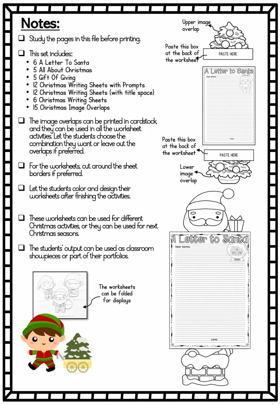 Teacher notes listing the set's contents and how to paste upper and lower image overlaps behind a Letter to Santa sheet