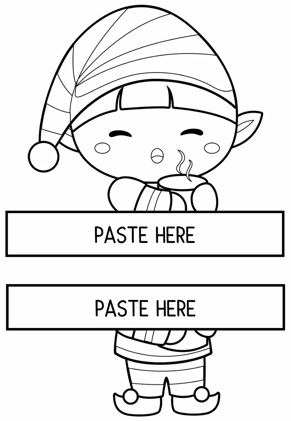 Elf sipping hot cocoa image overlap: students cut out the head and feet halves and paste them behind a writing sheet