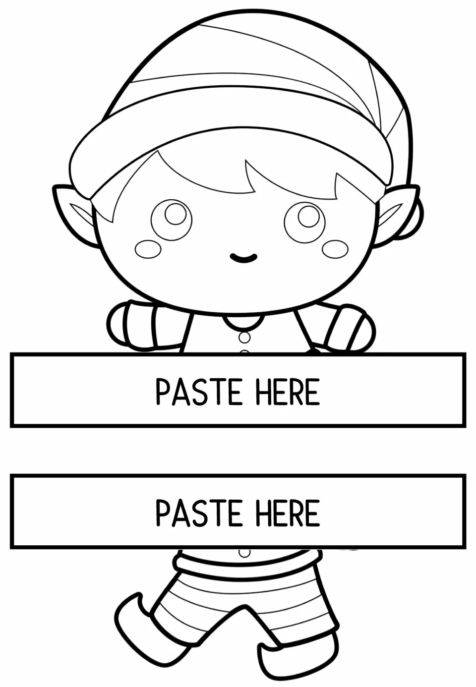 Smiling elf with arms out image overlap, split into a top half and walking legs, each with a PASTE HERE tab to color
